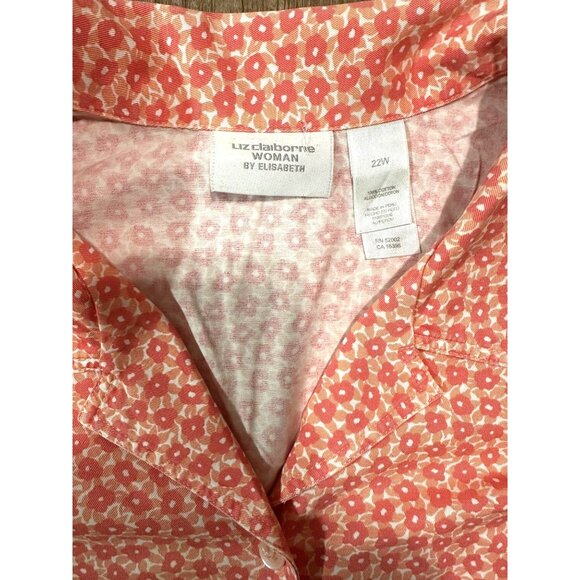 Liz Claiborne Woman Coral Cotton Floral Button-Up Blouse Size 22W Short Sleeve - Picture 6 of 9